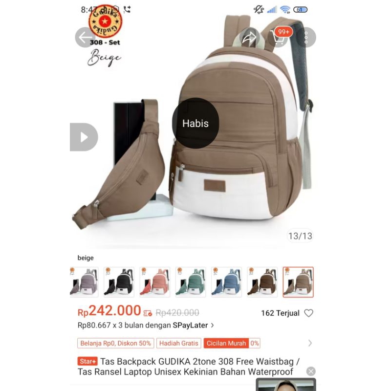 PRELOVED BARUU : TAS BACKPACK GUDIKA 2 TONE 308 BEIGE, FREE WAISTBAG