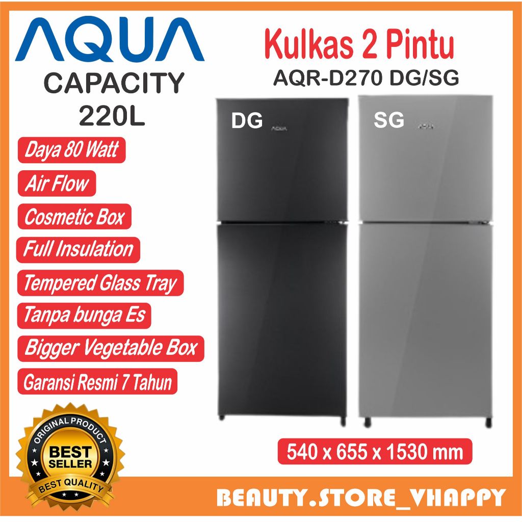 Kulkas 2 Pintu AQUA AQR D 270 DG/SG Low Watt Garansi Resmi