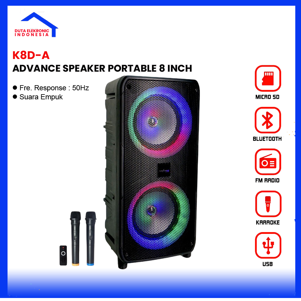 Advance Speaker 8 Inch K8D-A Salon Aktif Portable + 2 Mic Wireless