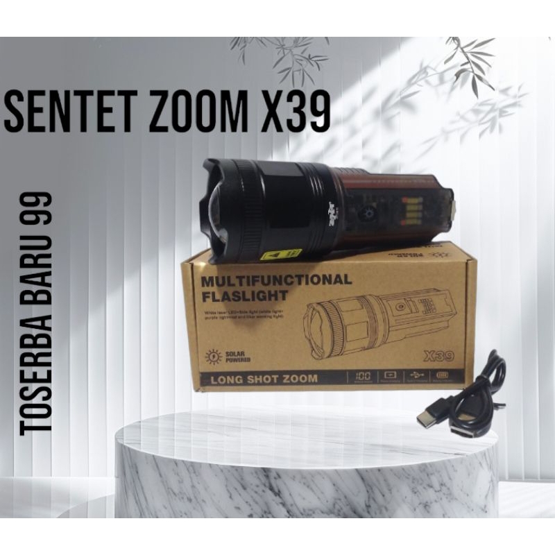 Senter X39 LED Laser Zoom in out Transparan Solar Panel 7 Mode