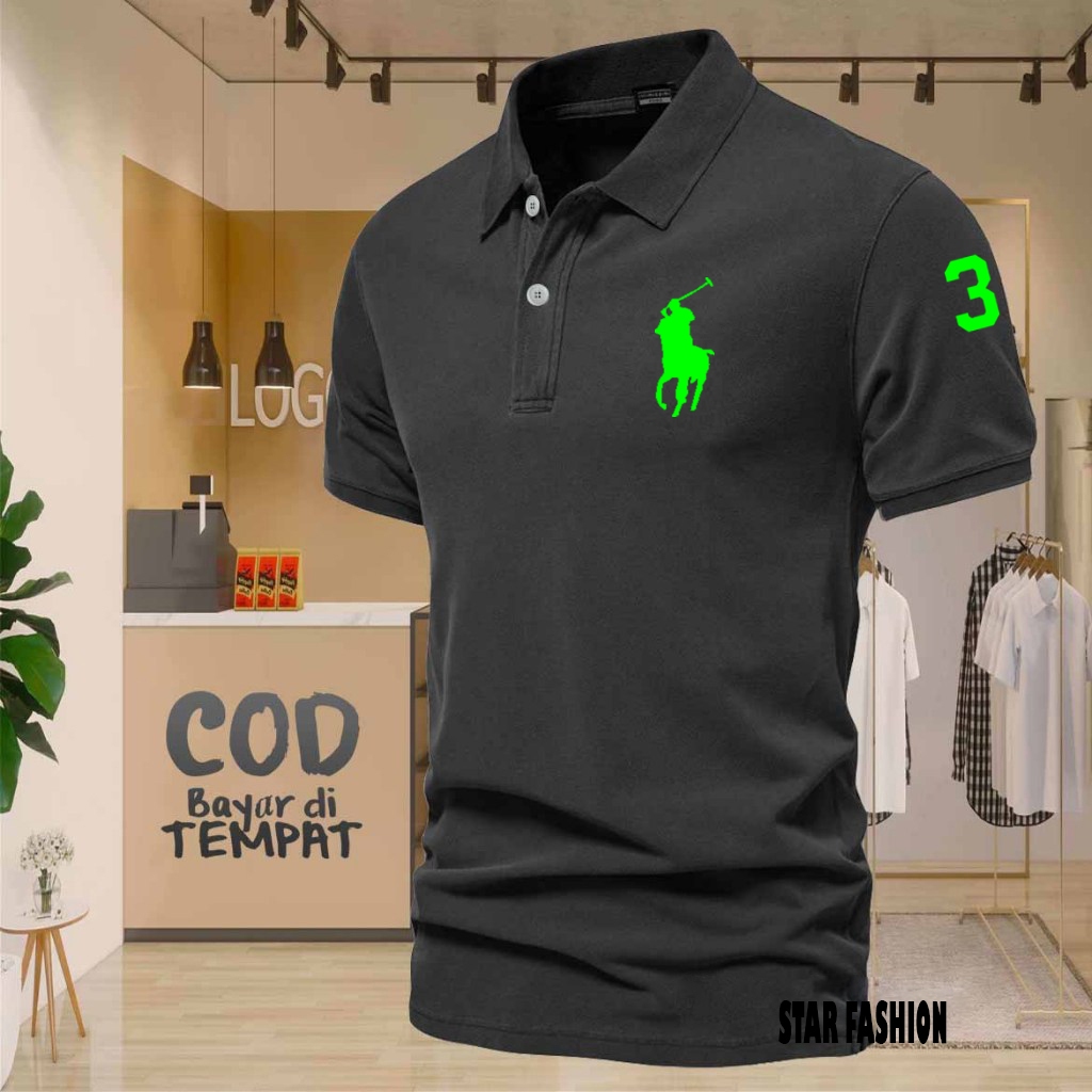 COD T-shrit POLO Kerah Kuda 3 Text Neon Kaos Kerah Dewasa Shirt / Kaos Wangki Pria Polo / Kaos Serag