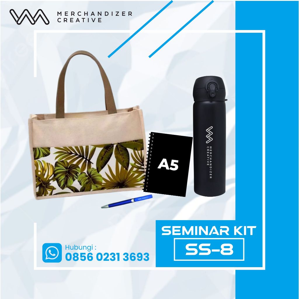 

Tas kanvas Kombinasi, Notebook hardcover A5, Pulpen Sablon, dan Tumbler TC 202 - Custom Desain Paket Seminar KIt