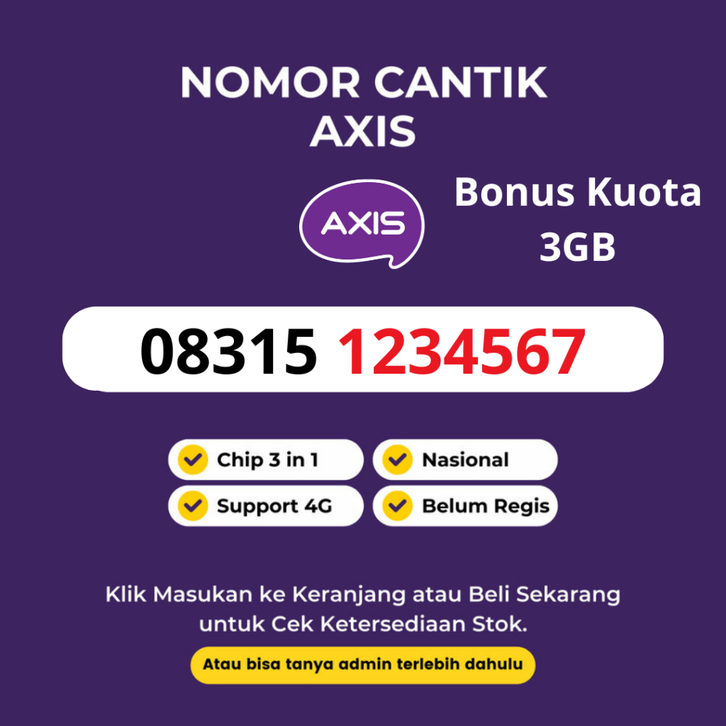 Nomor Cantik Axis Murah Rapi Seri Urut Naik 12345 - Kartu Perdana Axis Support 4G LTE Bonus Kuota 3G
