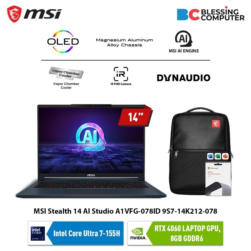 MSI Stealth 14 AI Studio A1VFG 078ID 9S7 14K212 078 Core Ultra 7 155H 2x8GB 1TB 4060 W11 OHS