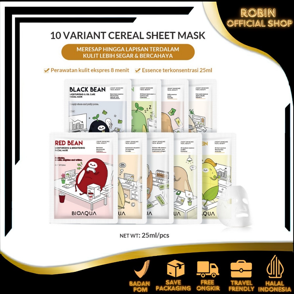 RN - [BPOM]PAKET 5PCS BIOAQUA Cereal Sheet Mask Masker Wajah Face Mask 25ml Masker Muka Glowing Rice