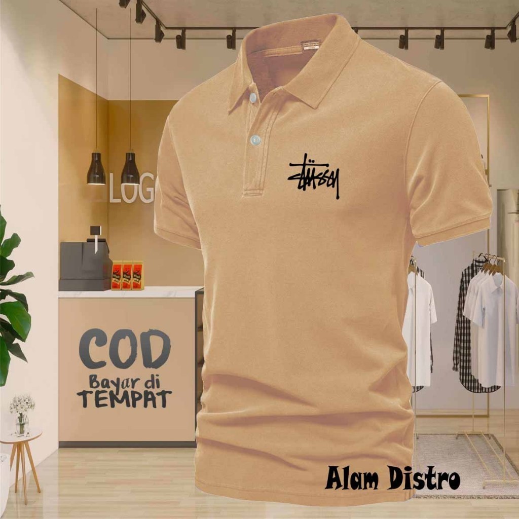 T-Shirt POLO kerah Stussy Text Hitam Kaos Kerah Dewasa Shirt / Kaos Wangki Pria Polo / Kaos Seragam