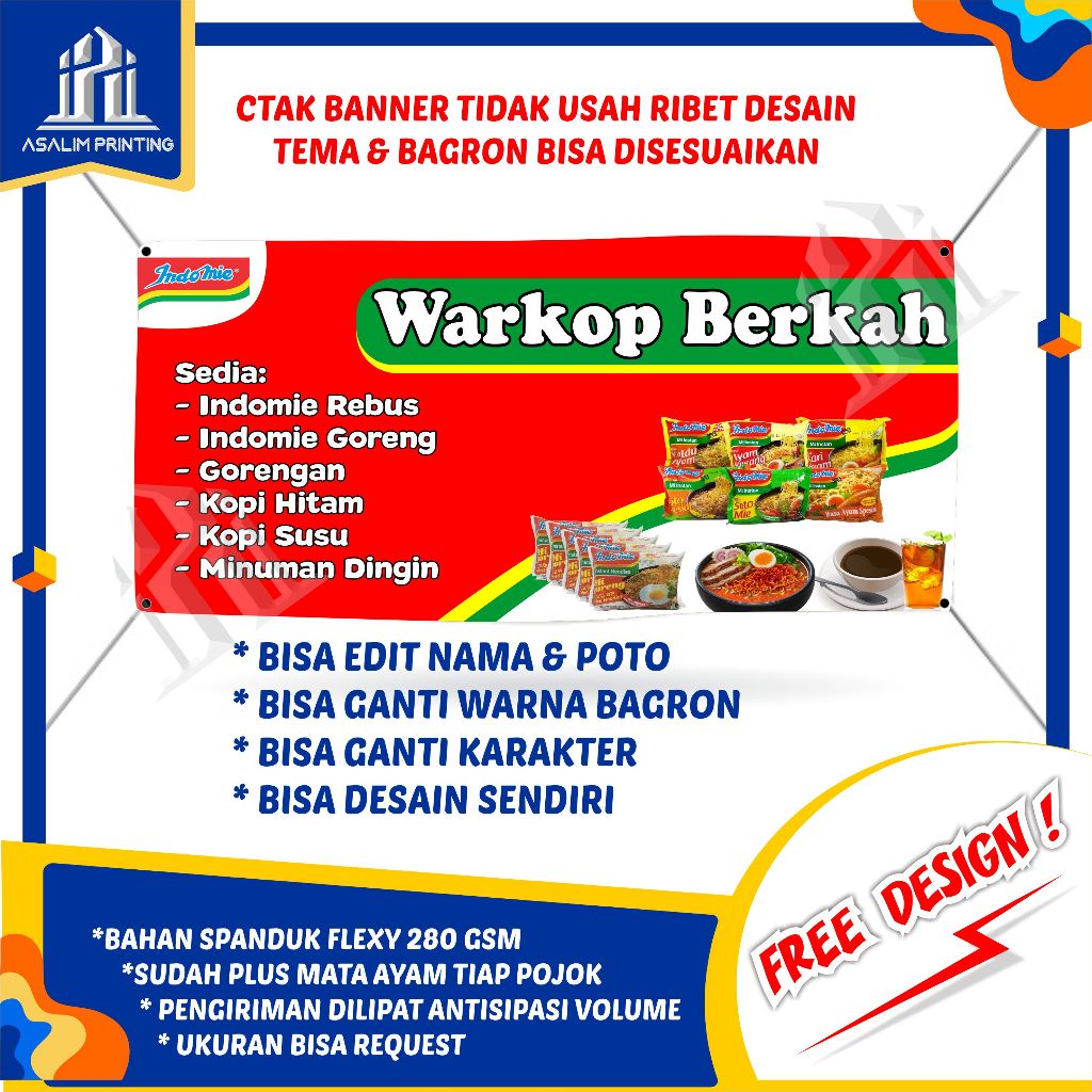 (Bisa COD) Spanduk Warkop Warung Kopi Warmindo Banner Dagang Mie Rebus Backdrof Minuman Custom Balih