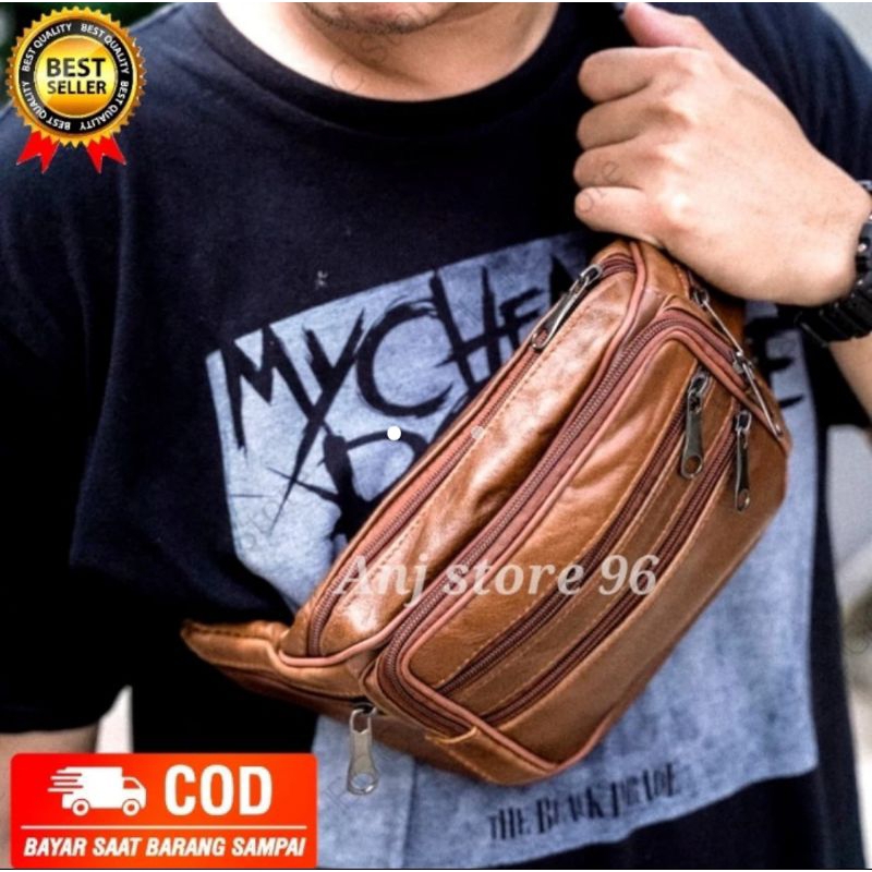 Tas selempang kulit asli tas pinggang waistbag kulit sapi asli import