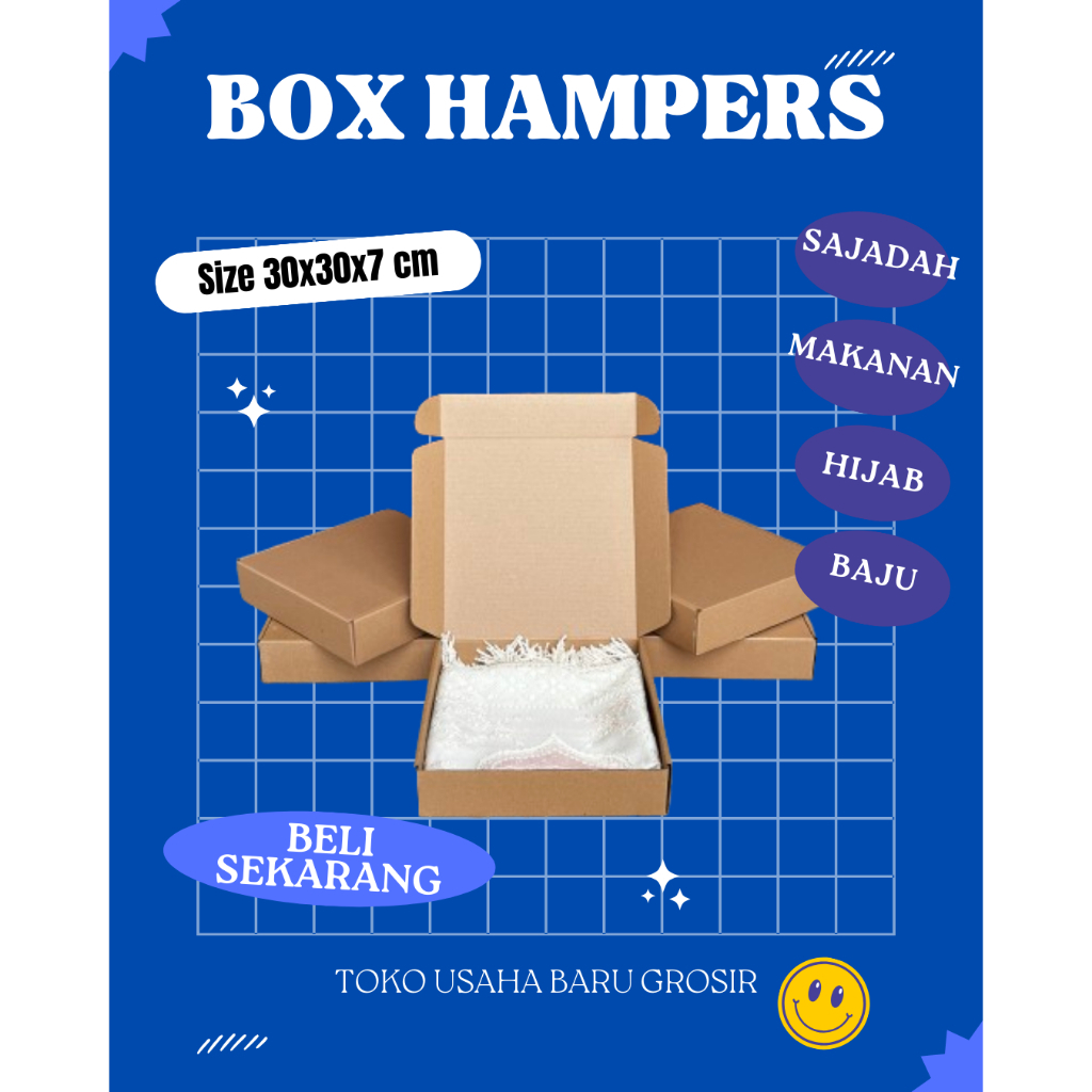 

Kardus Dus uk 30x30x7 cm (ECER) Die Cut Box Kotak Packing sajadah sarung hoodie Baju Makanan Hijab dan kue