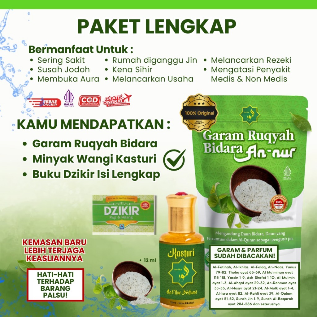 

Paket Hemat Garam Bidara Ruqyah 100 Gram & Parfum Kasturi Khusus Meningkatkan Wibawa, Kharisma dan Karir