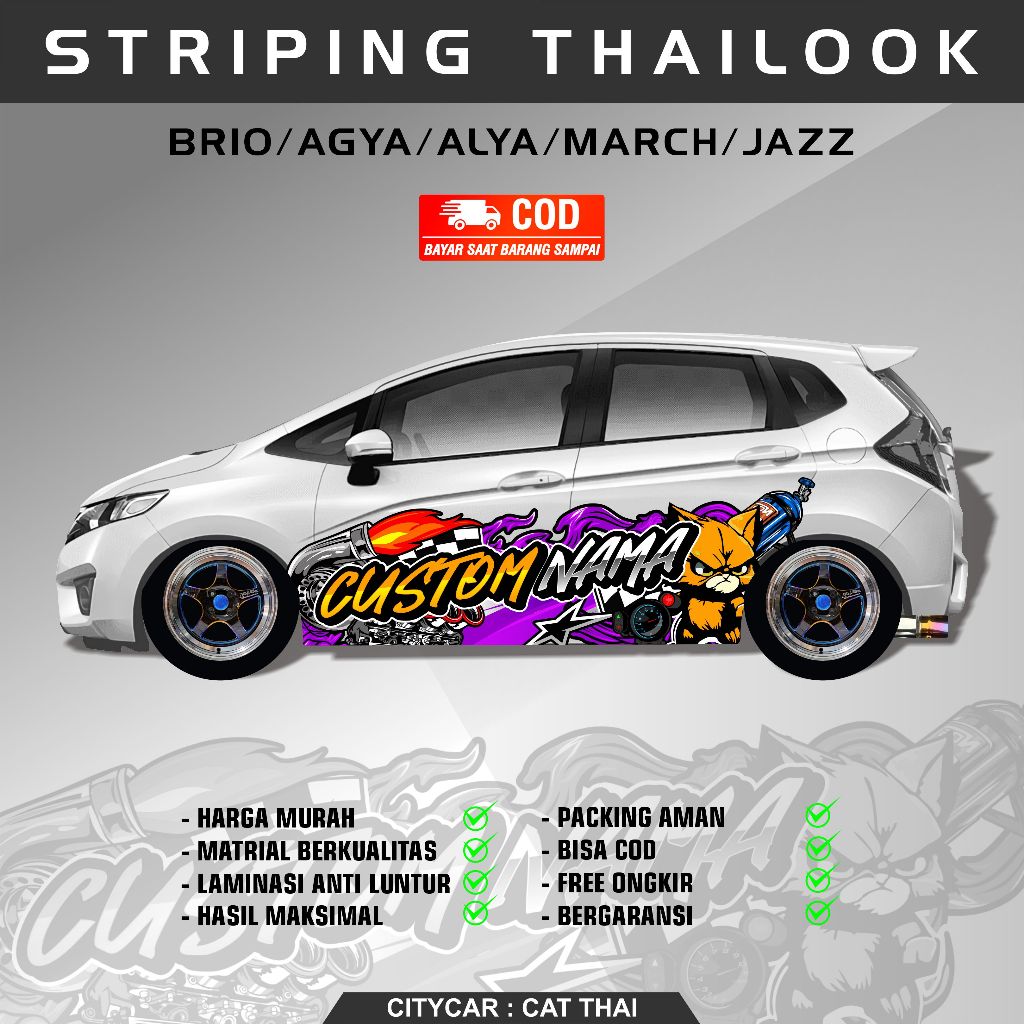 DECAL STIKER THAILOOK RACING LOOK TURBO VARIASI MOBIL BRIO AGYA ALYA MARCH JAZZ YARIS UNIVERSAL CITY