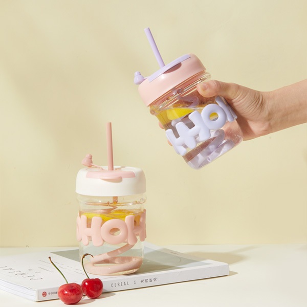 BONBOX Purple Botol Air Kaca Pyrex 400ml Tumbler Pyrex Glass Botol Air Sedotan