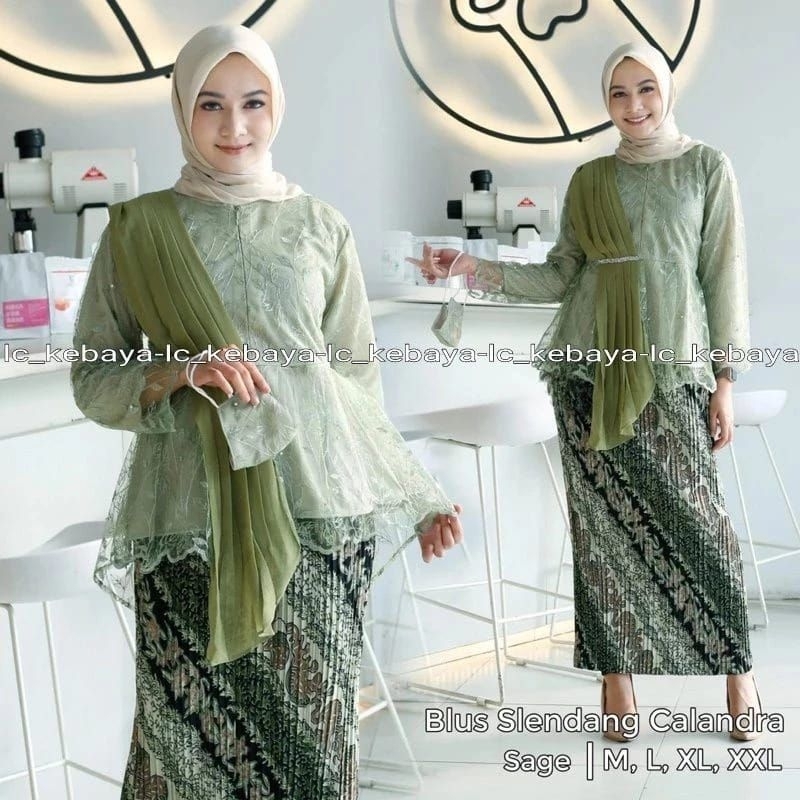 Setelan Kebaya Modern Hijau Sage Selendang Calandra Vol 2 Untuk Baju Kondangan Wisuda Pesta Lamaran