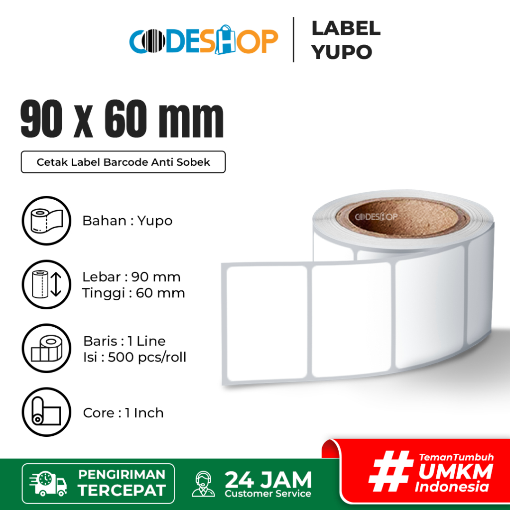 

Codeshop Stiker Label Barcode 90x60 mm Yupo 1 Line isi 500 Pcs
