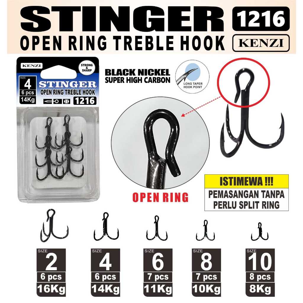 TREBLE HOOK KENZI STINGER 1216 (OPEN RING TREBLE HOOK)