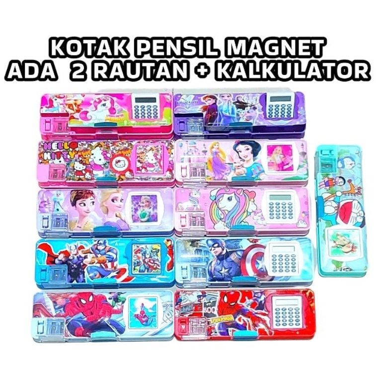 

Kotak Pensil CEWEK Magnet Kalkulator + Serutan Karakter sanrio kuromi dino spiderman pony unicorn Hello kitty avengers cars frozen