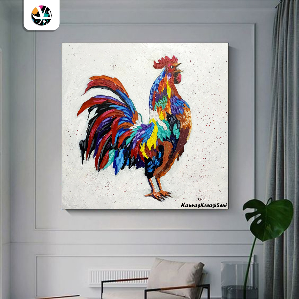 Lukisan kanvas ayam pop art timbul gaya impasto plus frame siap pajang