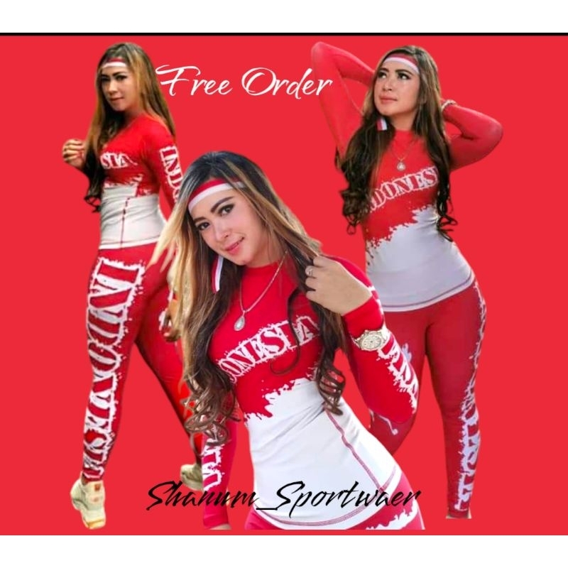 SETELAN OLAHRAGA SENAM WANITA AEROBIK MURAH BERKUALITAS SXB SPORT MERAH PUTIH LEGGING BASELAYER RUNN