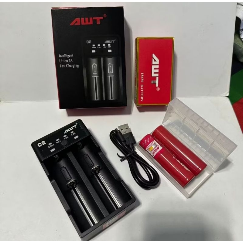 CHARGER C2 AWT FREE 2 PCS BATRE AWT MERAH 18650 3000MAH