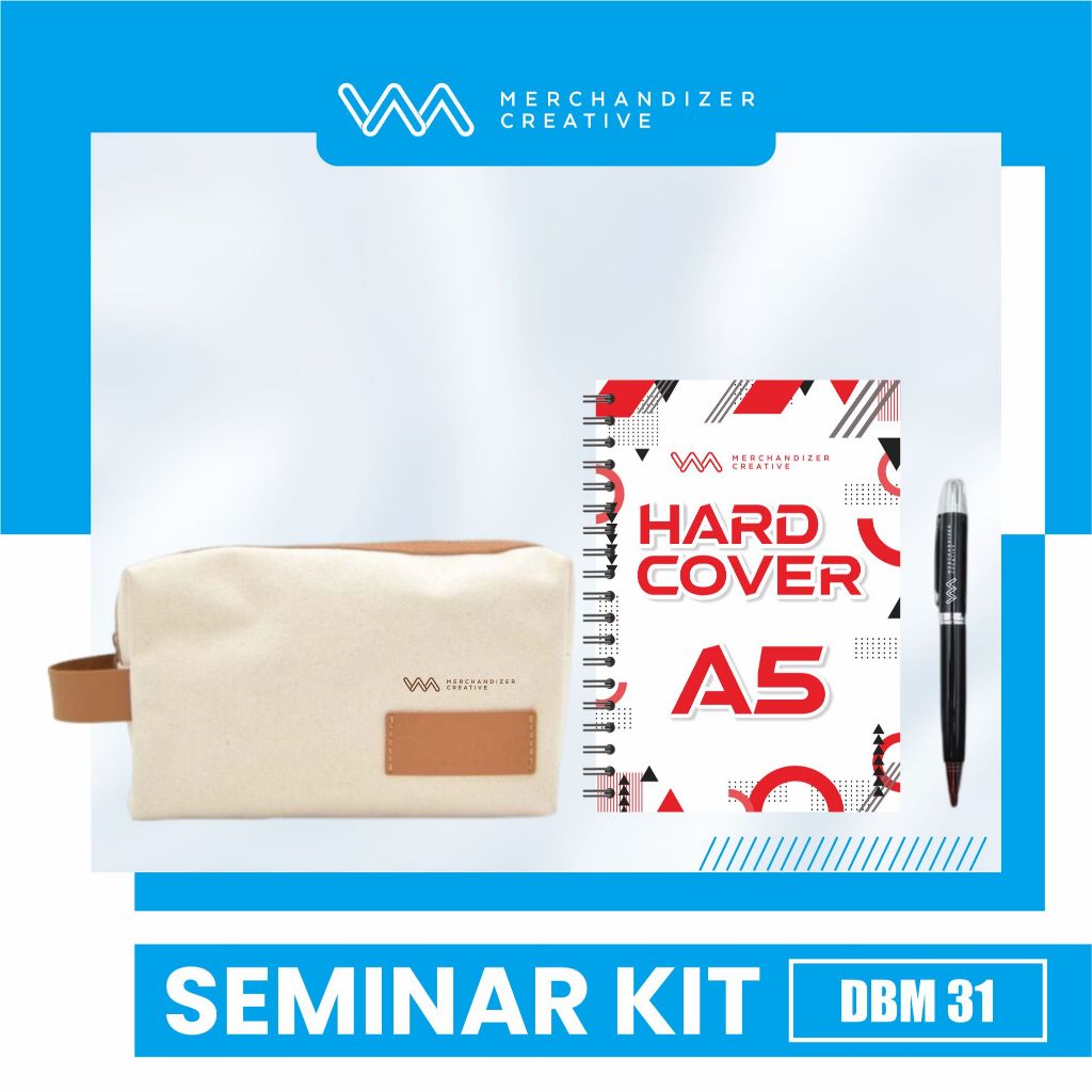 

Pouch, Pulpen Sablon, dan Notebook Hardcover Spiral A5 - Custom Paket Seminar Kit