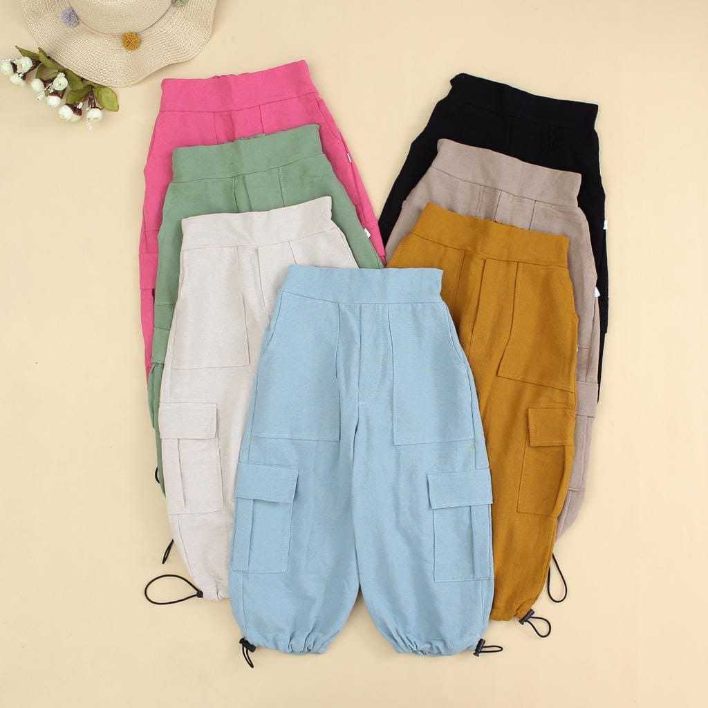 CILUKBA KIDS - AZZURA PANTS - Celana Cargo Panjang Serut Anak Perempuan Bahan Katun Linen Bangkok Us