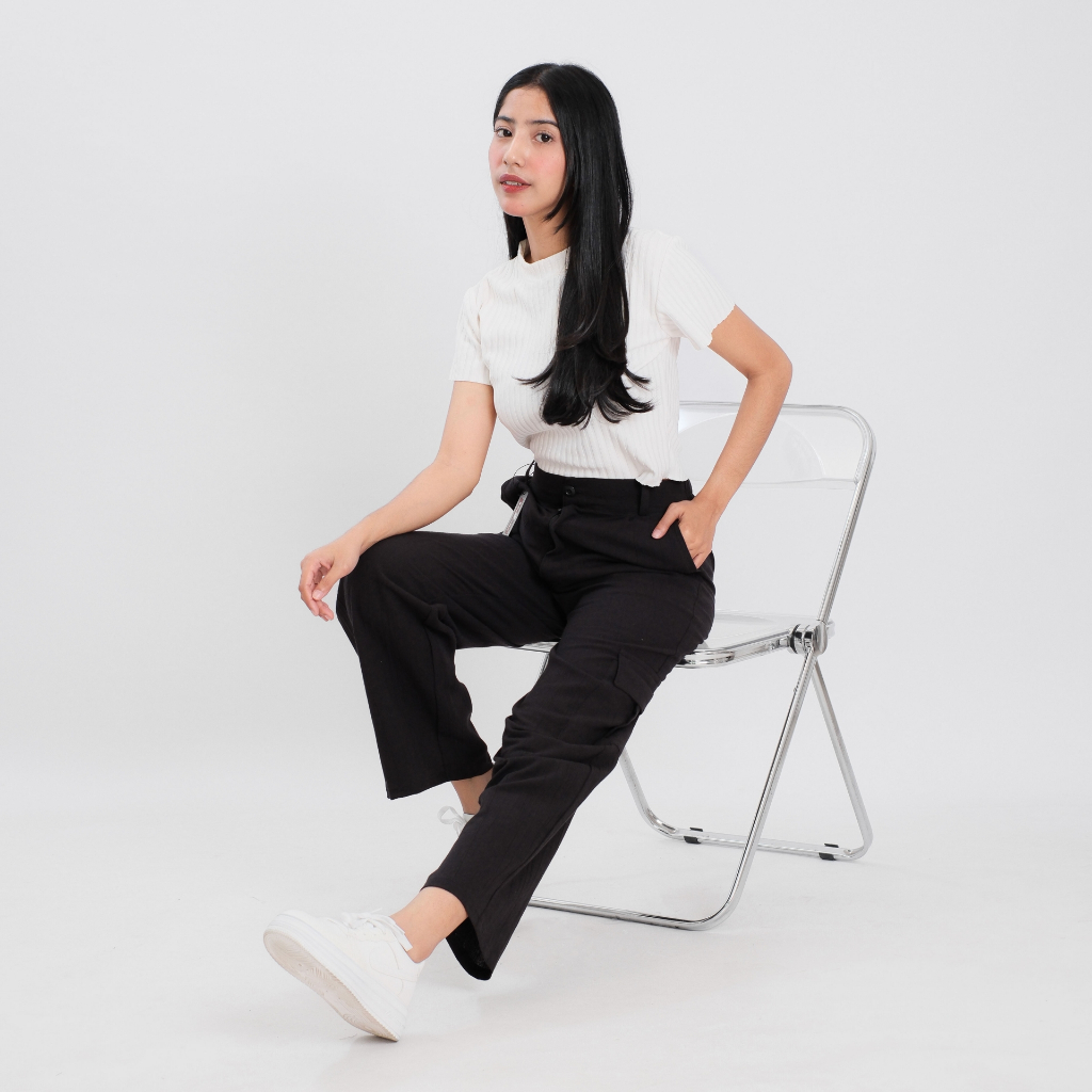Celana Panjang Kargo Wanita Highwaist Kain Katun Linen