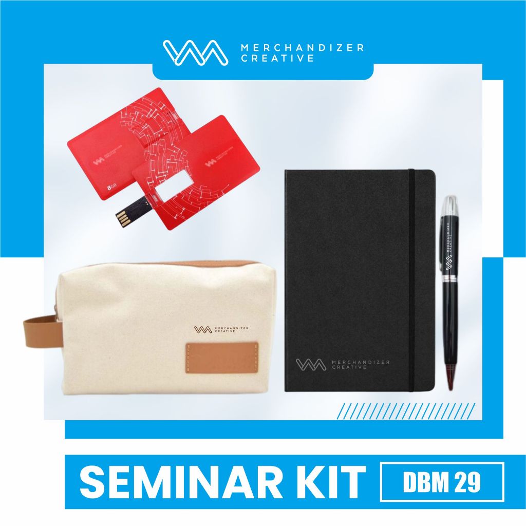 

Pouch Kanvas, Notebook Agenda Karet A5, Pulpen Sablon, dan Flashdisk Kartu - Paket Seminar Kit