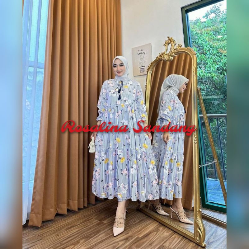 DRESS MIDI RAYON PREMIUM DRESS MIDI RAYON VISCOSE DRESS MIDI MOTIF BUNGA GARIS DRESS MIDI MISYA DRES