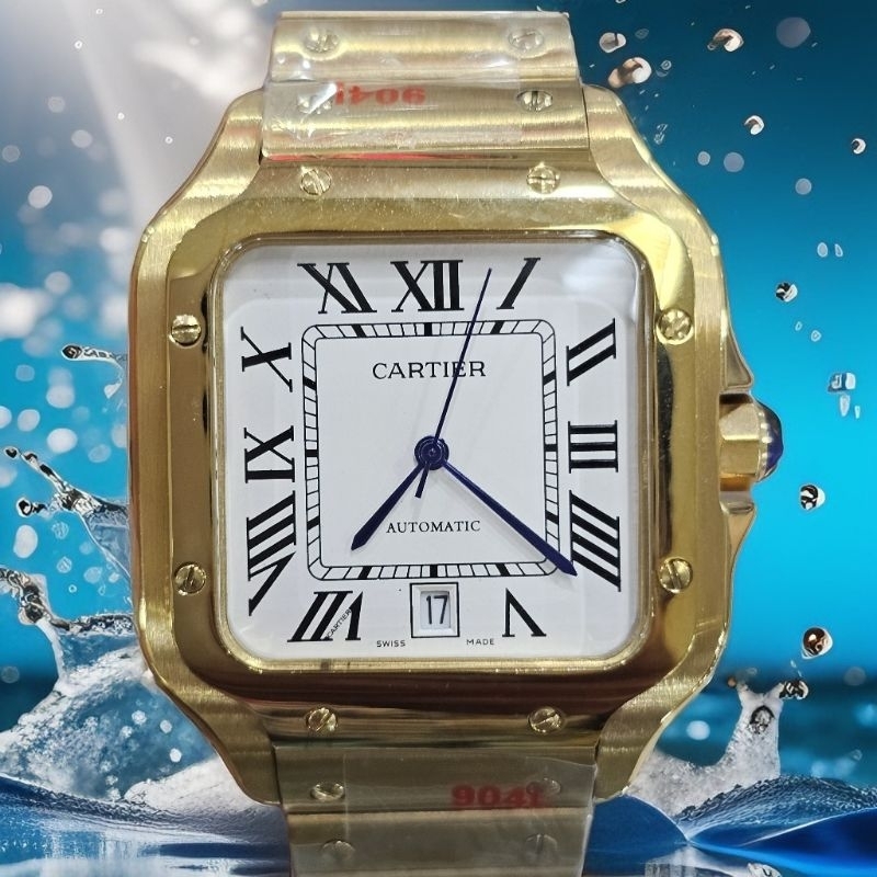 Cartier*Santos Square Gold White Dial Ori Jam Tangan Automatic