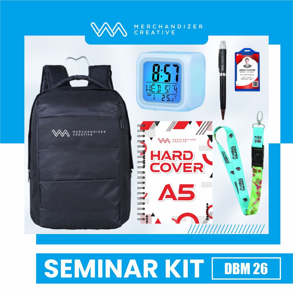 

Tas Punggung, Notebook Hardcover A5, Pulpen Sablon, Jam Digital, dan Paket Lanyard - Seminar Kit Custom