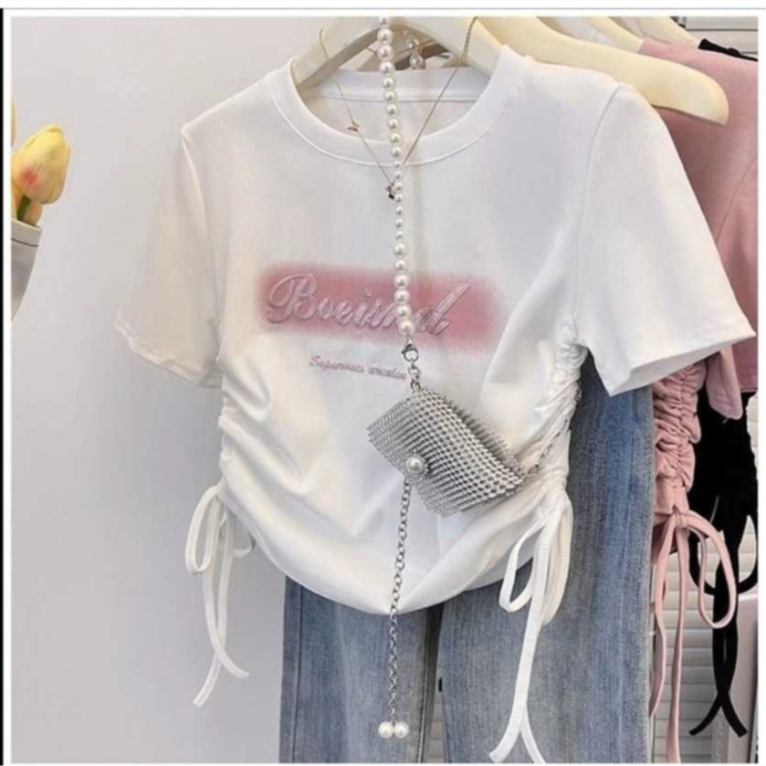 Tshirt Boeisnd Baju Serut Wanita Crop top Baju Kaos Wanita Kekinian