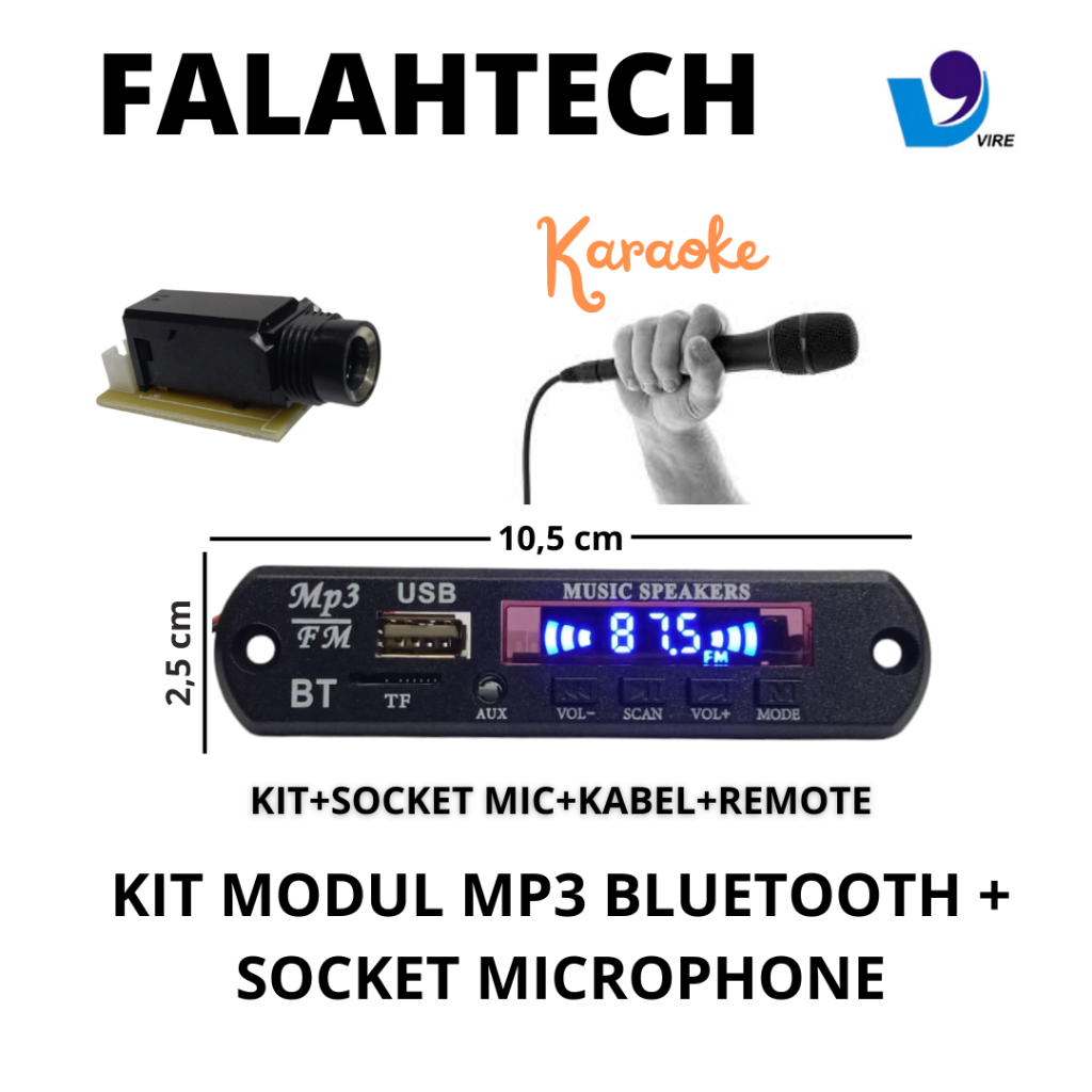 NEW KIT MODUL MP3 BLUETOOTH + SOCKET MICROPHONE VIRE VTF 108BT MODUL MP3 KARAOKE RBU