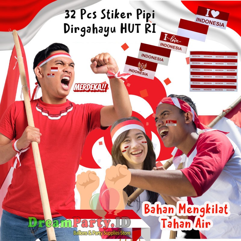 

32 Pcs Stiker Pipi Bendera Merah Putih Stiker pipi Bahan Vinyl Tahan Air Mengkilap