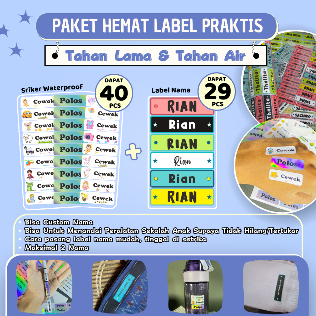 

60+Pcs Paket Hemat Label Seragam Anak & Stiker Peralatan Anak | Label Nama Sablon Praktis Waterproof