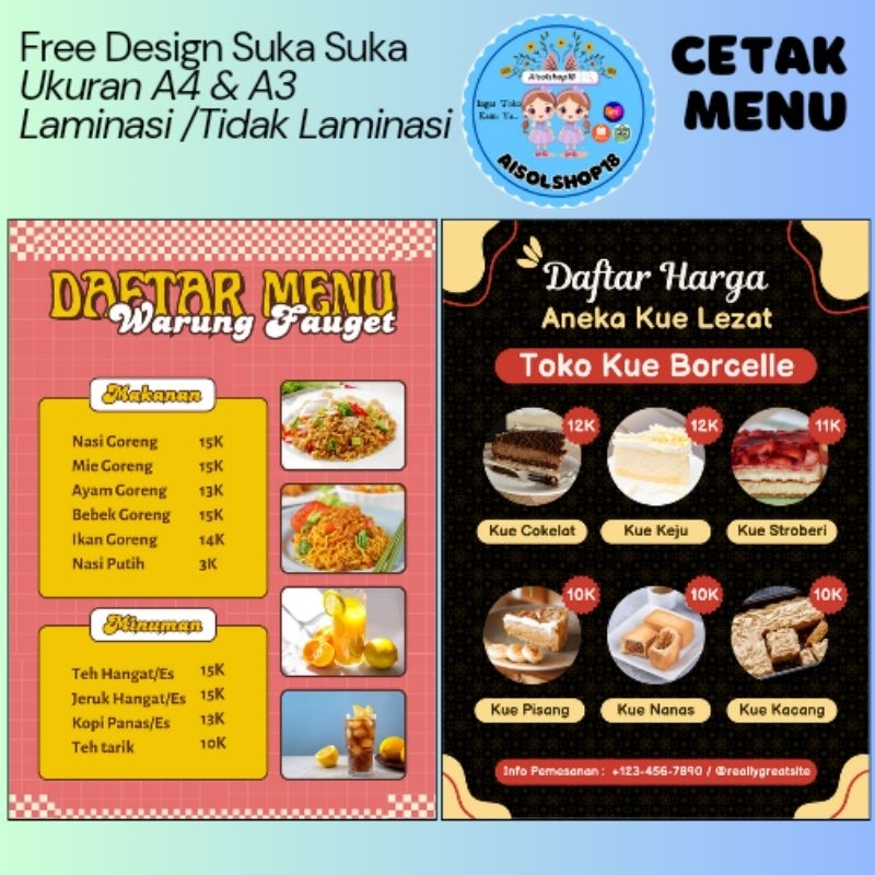 Cetak Daftar Menu Makanan Minuman Dll Custom Sudah Laminasi