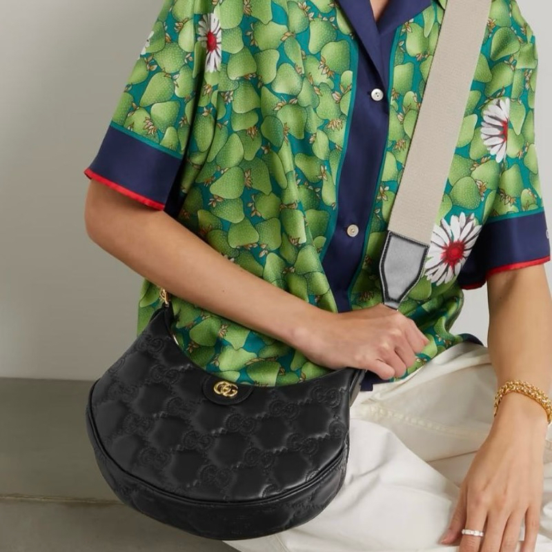 GUCCI GG Monogram Matelasse Small Chain Hobo Shoulder Bag with Wide Crossbody Strap