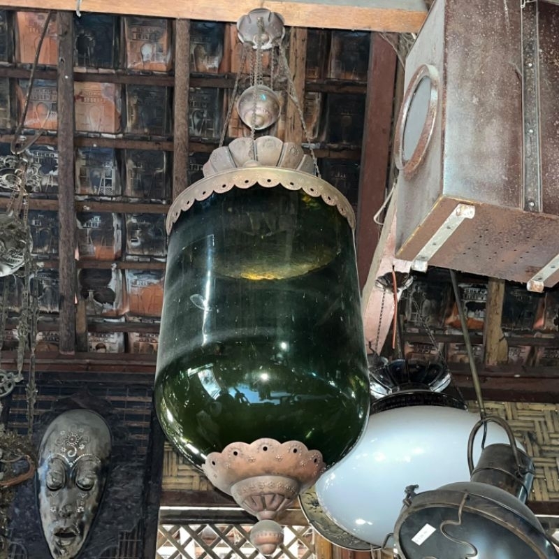 Lampu Gantung Botol Astrolop Kaca Hijau Tua Ornamen Kuningan Lawas Jadul Tua