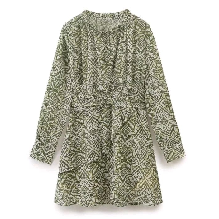 Green Retro Pattern Mini Dress Chiffon 75382 (TS)