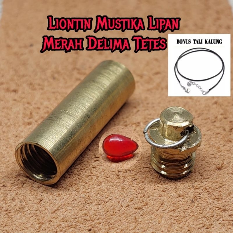 Kalung liontin batu mus tika merah delima bentuk tabung kuningan bonus tali kalung