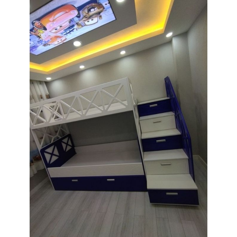 Set kamar tidur anak, Kamar tidur anak tingkat 2, Ranjang susun 2 dan tangga laci penyimpanan,