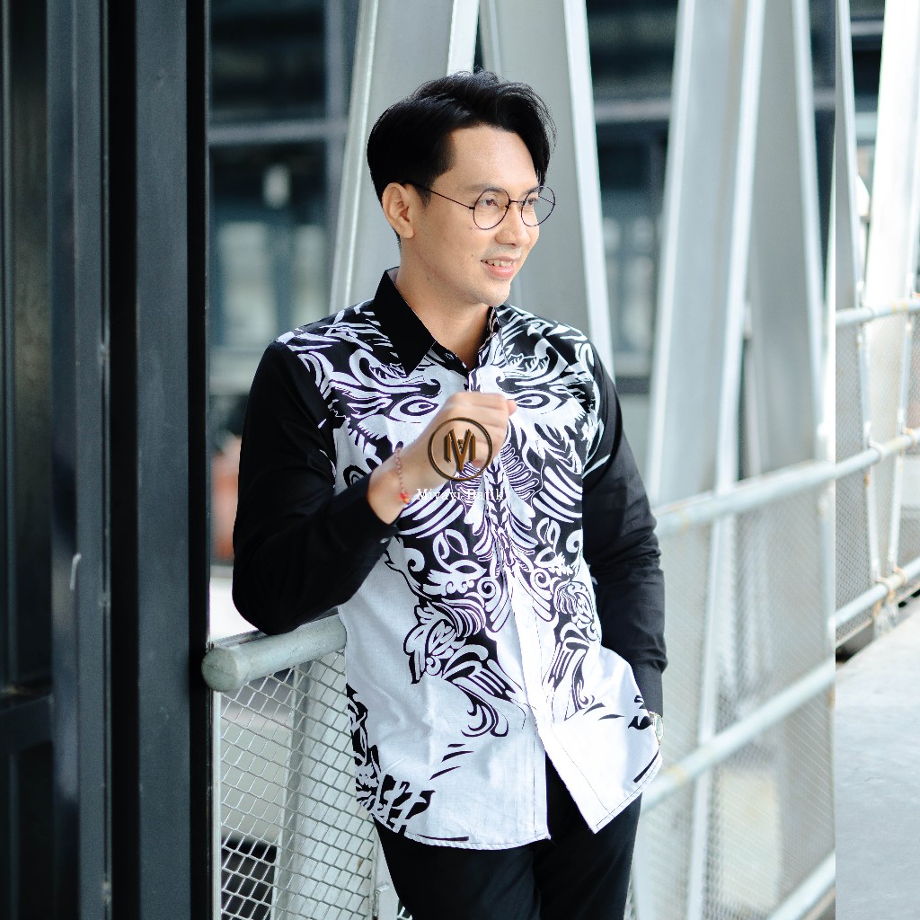 MIYAYI SARASWATI Kemeja Batik Albino Warna Putih Hitam Exklusive Katun Sanforis Lapis Furing Erro