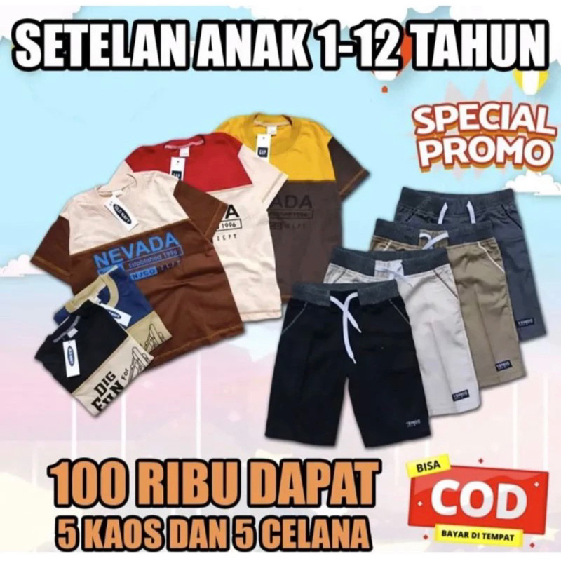 Promo 100ribu Dapat Setelan Anak 5 Kaos + 5 Celana pendek Polos Chinos