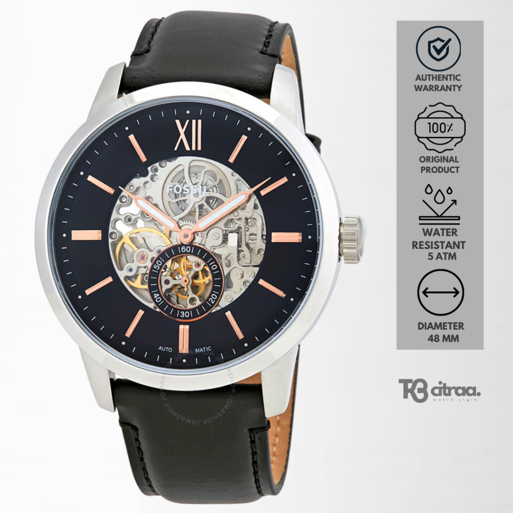 jam tangan fossil automatic pria Townsman analog strap kulit cowon men black hitam leather water res
