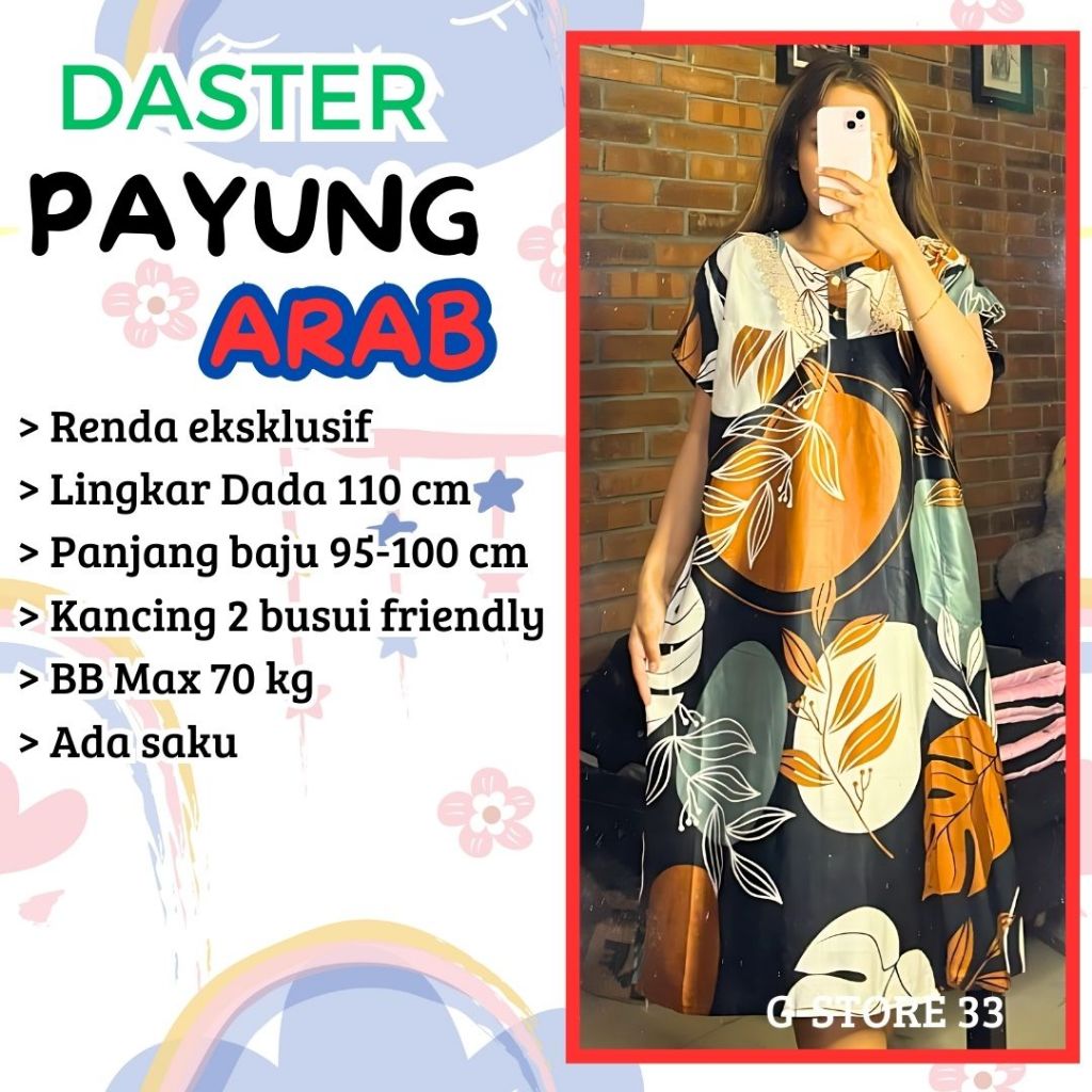 Daster Payung Arab/Daster Rayon/Daster Payung kekinian/Daster Remaja/Daster Renda Bali LD 110 Busui