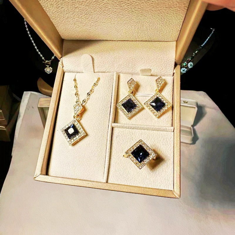 ACC.JEWELRY KTK01 T826 KALUNG ANTING CINCIN TITANIUM WANITA SET LIONTIN KOTAK PERMATA BIRU AKSESORIS