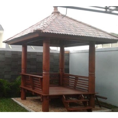 Gasebo Tiang Motif Kayu Kelapa Desain Terbaru | Gazebo Atap Sirap Kayu Ulin | Ukuran 200 x 200 As Ti