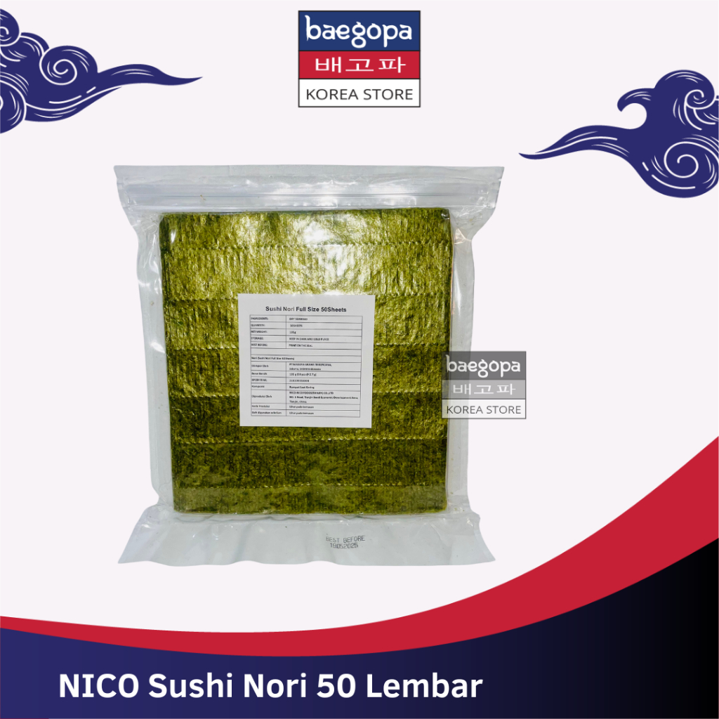 

NICO Sushi Nori Rumput Laut Full Size 50 S │ Nori Gimbab Import Lembar Rumput Laut..