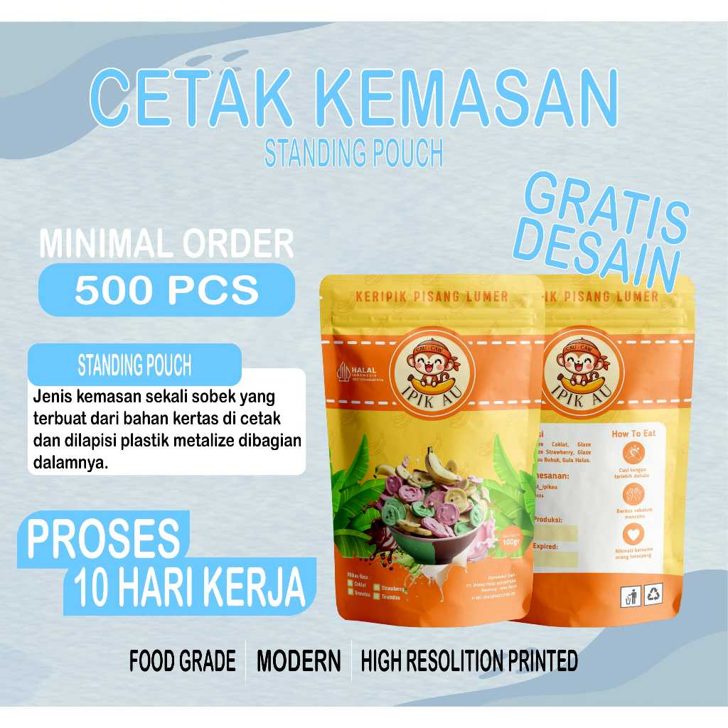 Cetak Kemasan Makanan Standing Pouch Custom Printing Metalize 500 Pcs