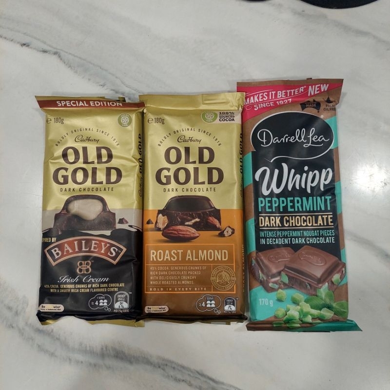 

SPECIAL EDITION CADBURYOLD GOLD DARK CHOCOLATE BAILEYS ROAST ALMOND DARRELL LEA PEPPERMINT MADE IN AUSTRALIA