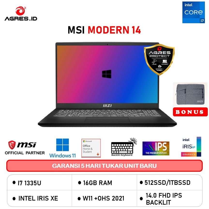 MSI MODERN 14 I5 1235 16GB 512GB W11+OHS 14.0FHD IPS BLIT 2Y SLV -C12MO-1282